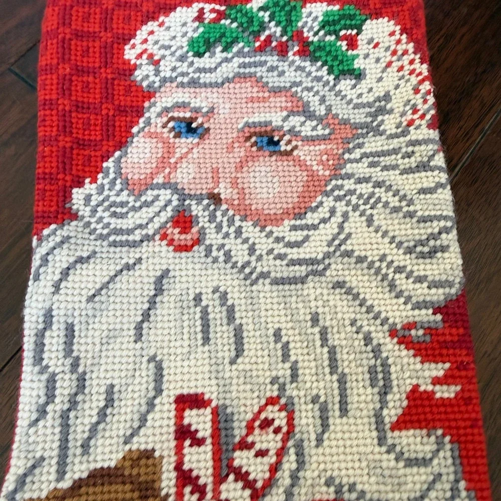 Vintage Needlepoint Christmas Stocking Santa Wool Handmade 14